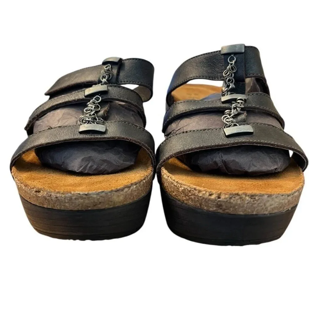 Naot Womens Size 9 Black Silver Chains Slip On Heeled Sandals Adjustable Straps